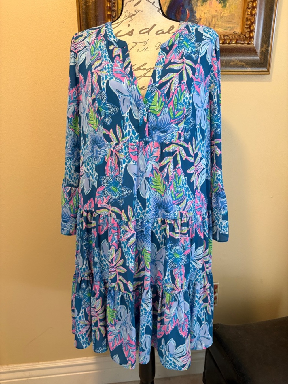 🌴Lilly Pulitzer WINONA HIGH TIDE PINEAPPLE PARADISE V-Neck Tiered Sleeve Dress